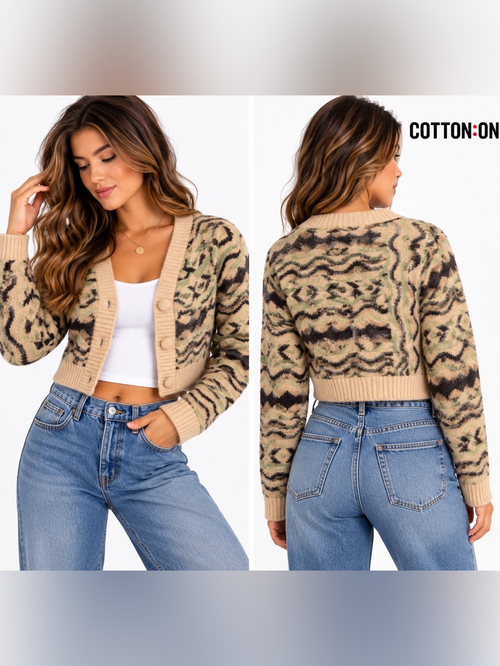 Cotton on Cropped Cardigan Small Geometric Fair Isle Button Front Fuzzy Knit